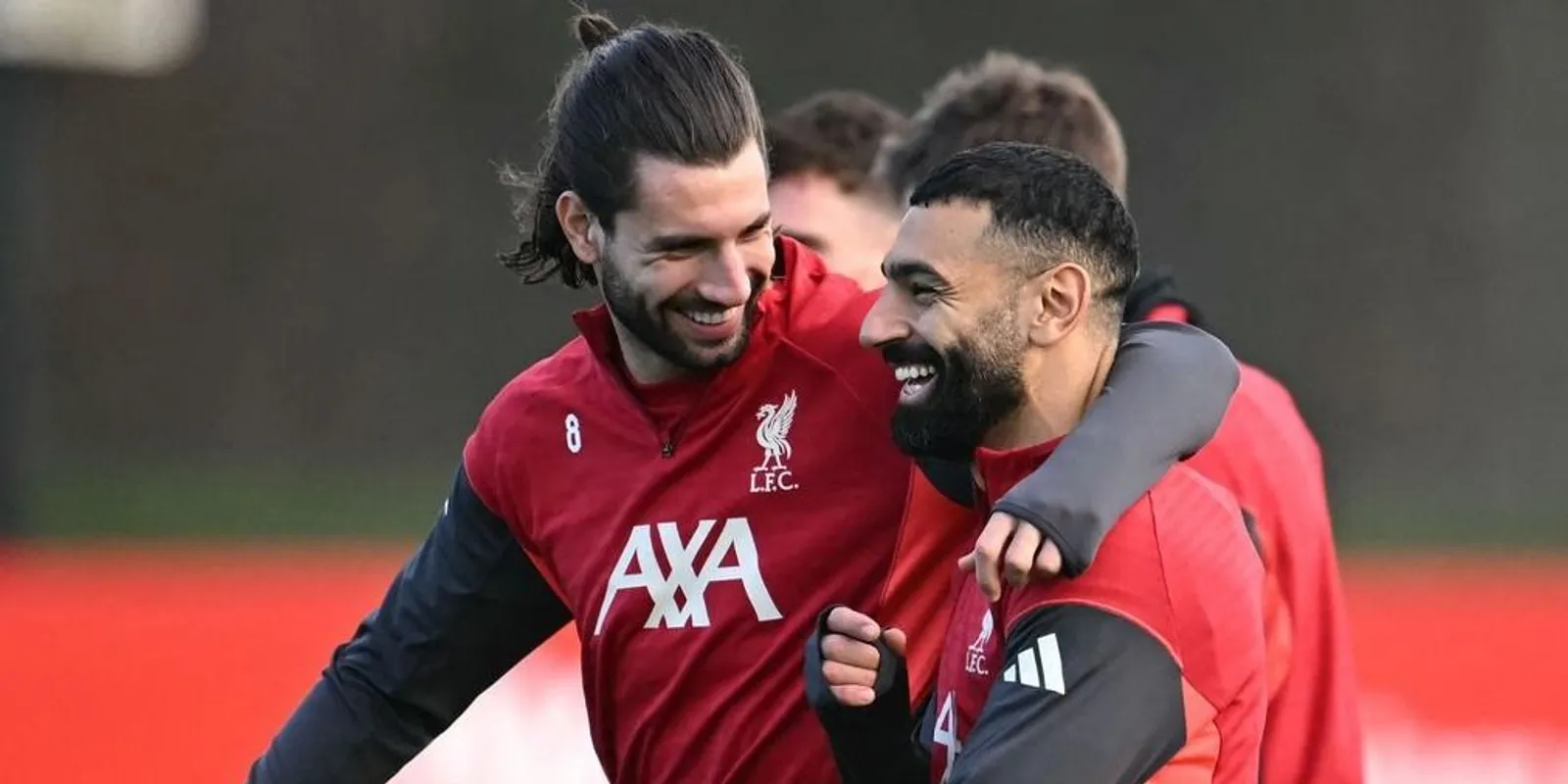 Dominic Szloboszlai and Mohamed Salah during Liverpool training session