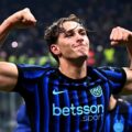Inter striker Francesco Pio Esposito flexing muscles after scoring against Lecce