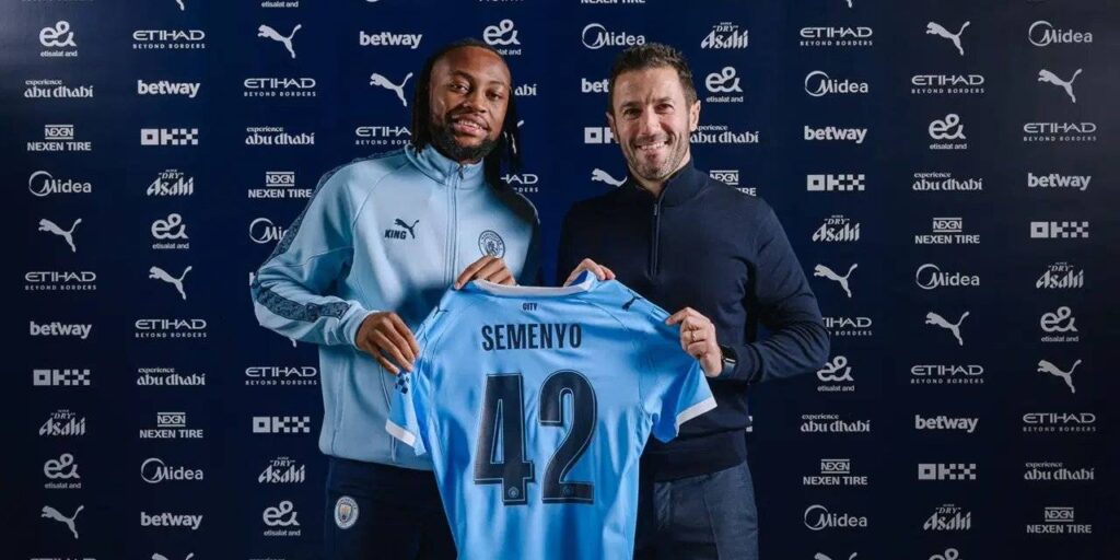 Antoine Semenyo during his presentation as new Manchester City player