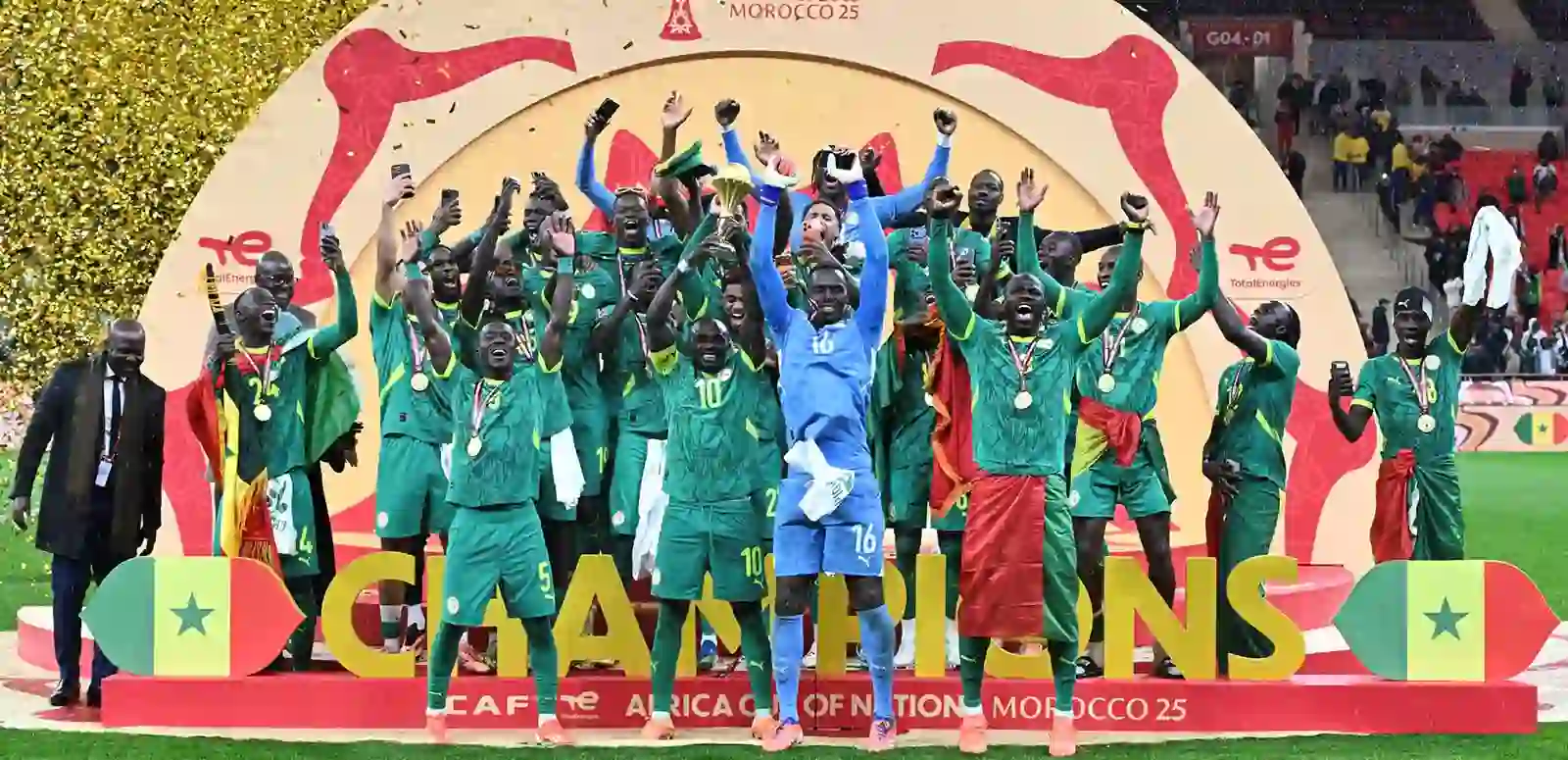 Senegal players celebrate with the Afcon 2026 trophy