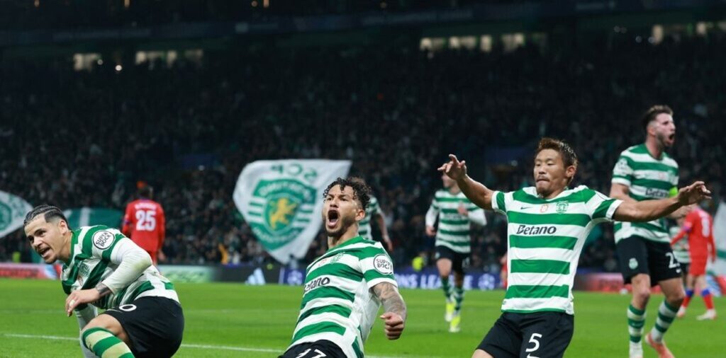 Sporting Lisbon players celebrate after scoring against PSG