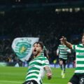 Sporting Lisbon players celebrate after scoring against PSG