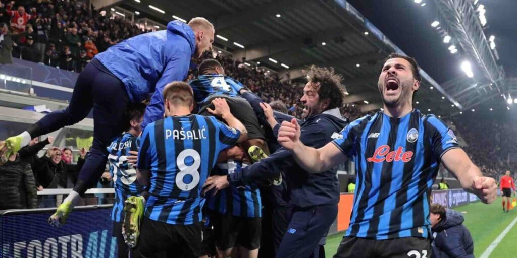 Atalanta players celebrate after scoring against Borussia Dortmund