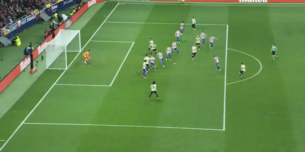 Moments before Barcelona score against Atletico Madrid, which later will be ruled out for offside