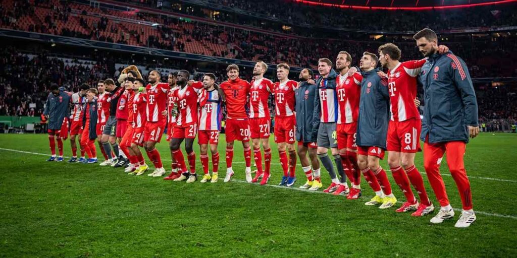 Bayern Munich players celebrate after eliminating RB Leipzig from DFB Pokal