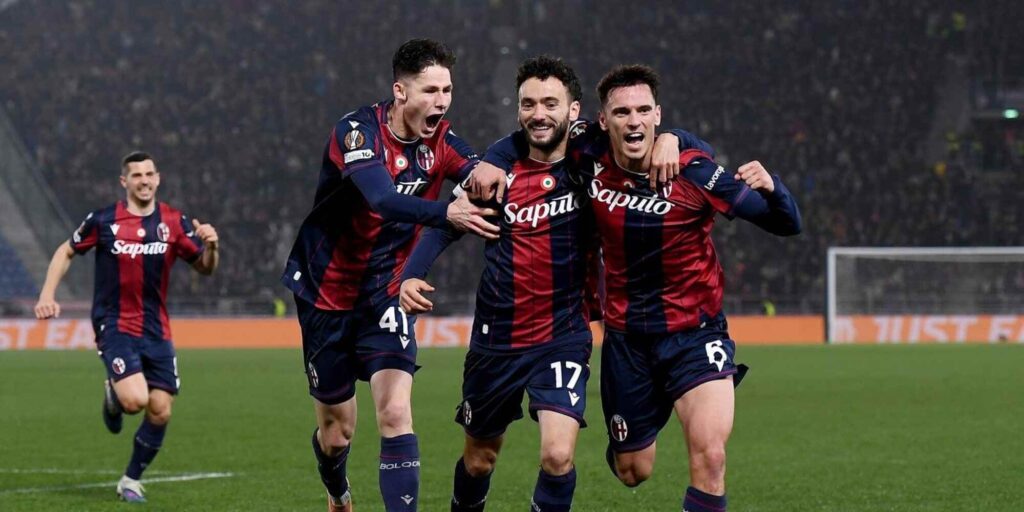 Bologna players celebrate after Joao Mario has put the team 1-0 up against Brann