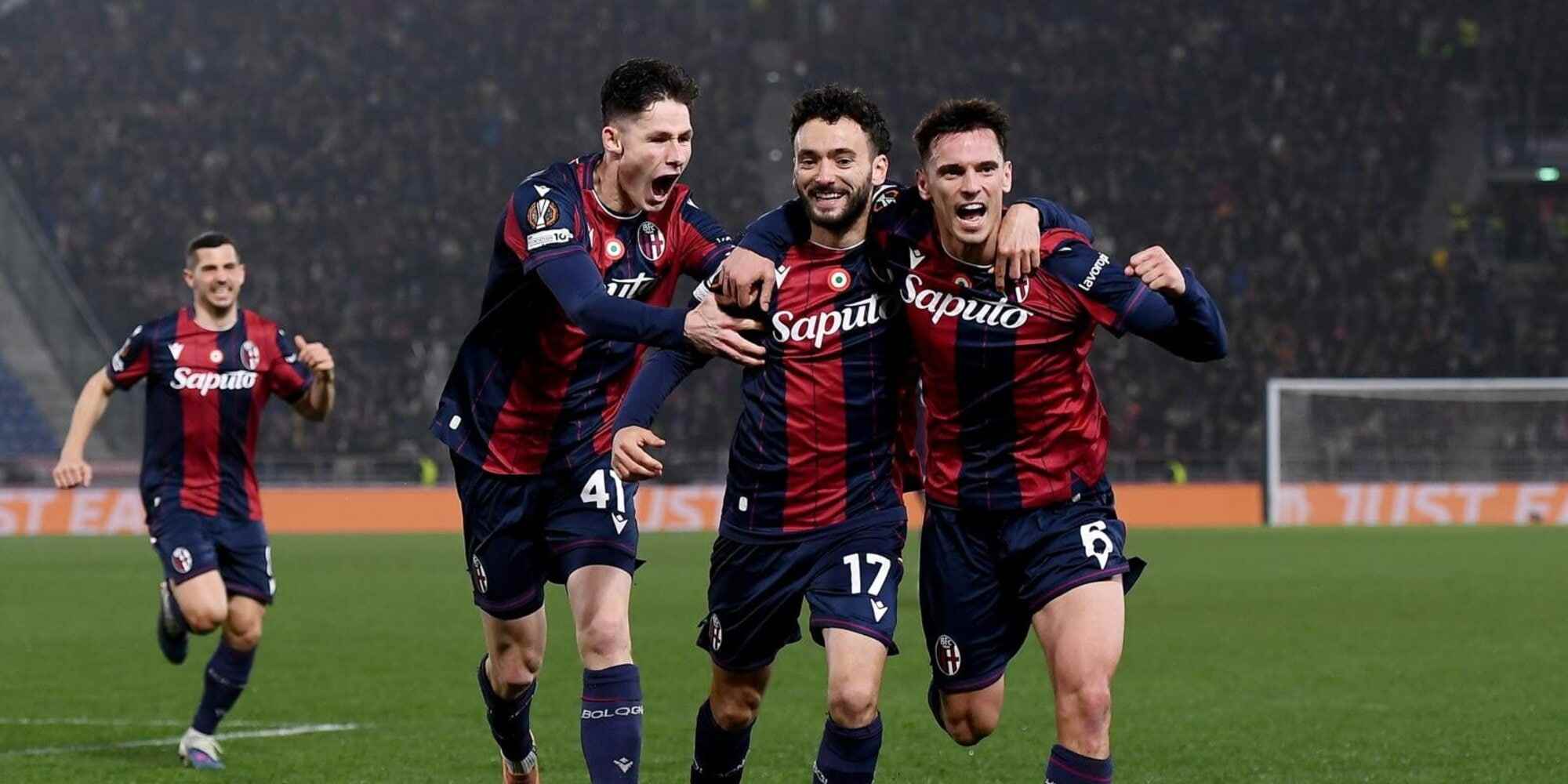 Bologna players celebrate after Joao Mario has put the team 1-0 up against Brann
