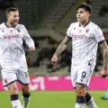 Santiago Castro celebrates after scoring for Bologna against Brann