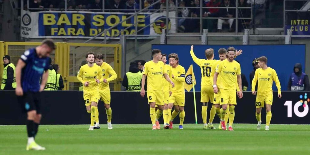 Bodo/Glimt players celebrate after scoring against Inter