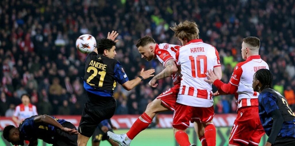 Marko Arnautovic heads the ball in Crvena Zvezda match against Lille