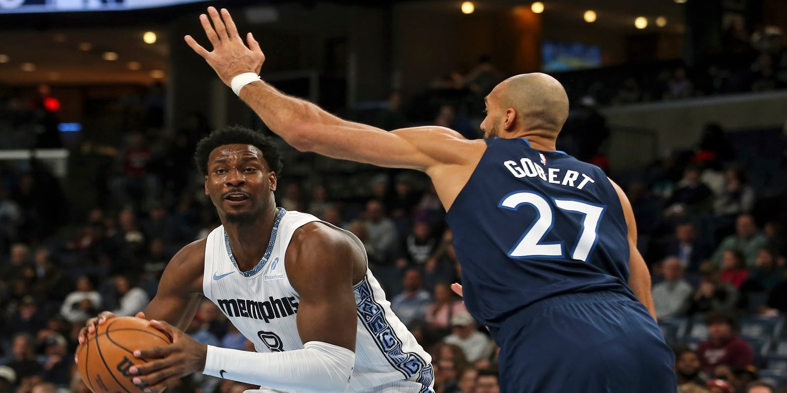 Jaren Jackson Jr. guarded by Rudy Gobert