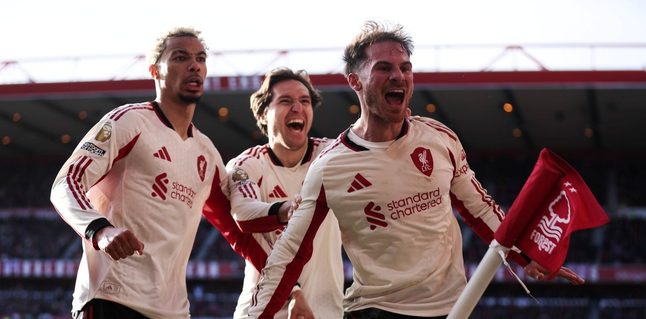 Liverpool players celebrate after scoring deep into stoppage time against Nottingham