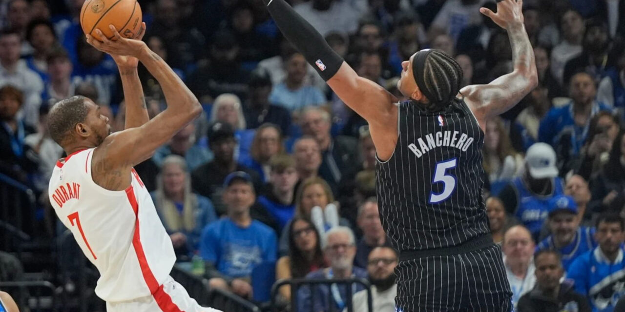 Kevin Durant shooting over Paolo Banchero