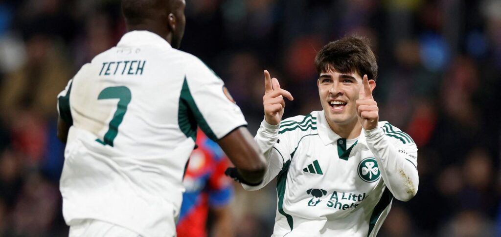 Panathinaikos players celebrate after scoring against Viktoria Plzen