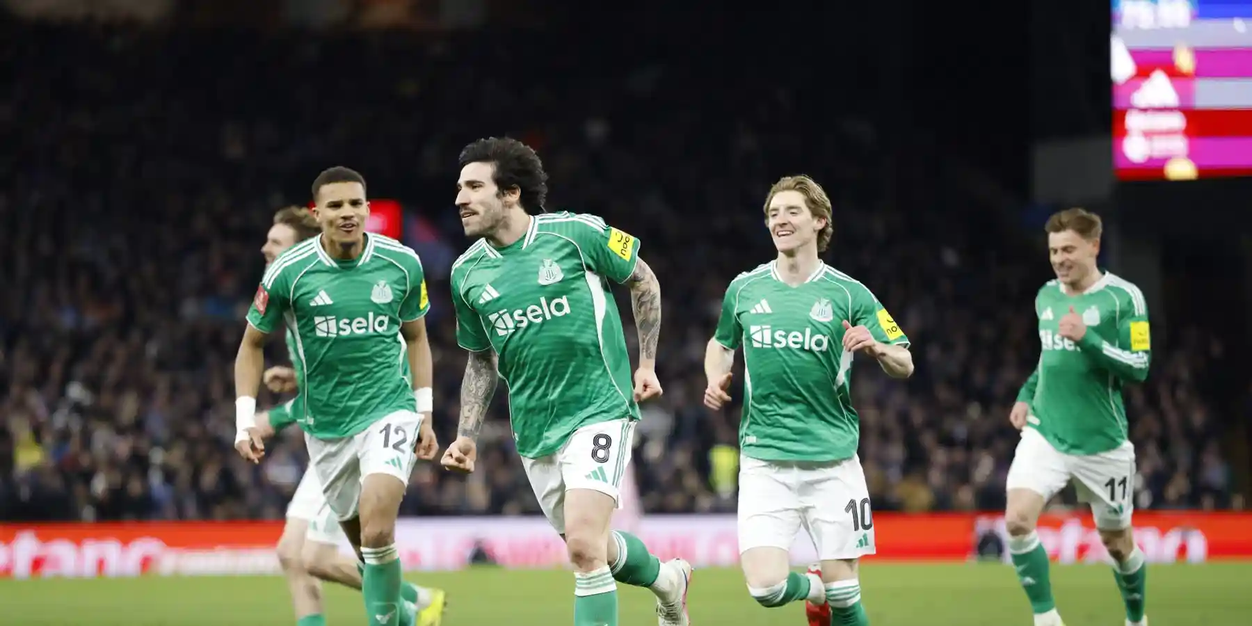 Newcastle players celebrate after scoring against Qarabag