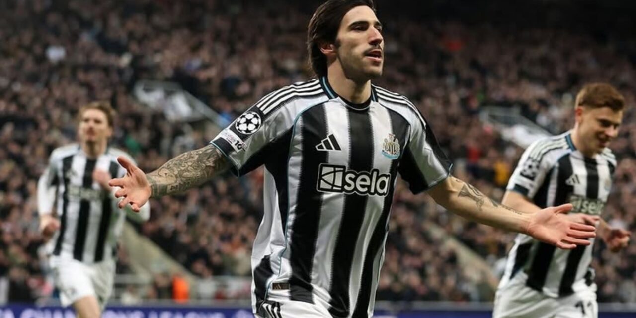 Newcastle midfielder Sandro Tonali celebrates after scoring maiden Champions League goal for Newcastle