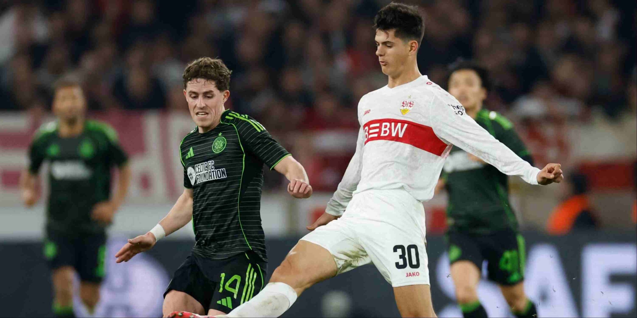 Stuttgart and Celtic players in a battle for the ball