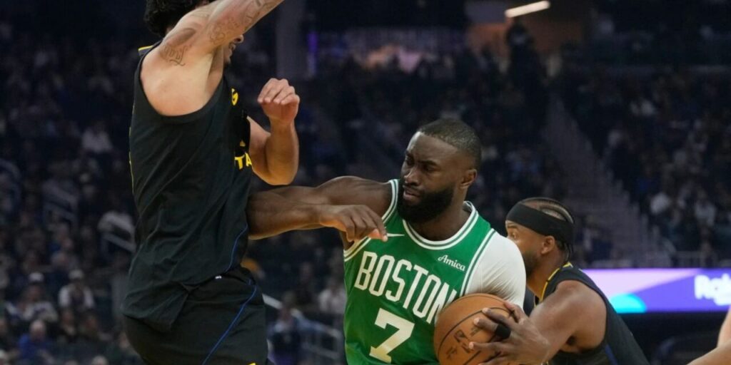 Jalen Brown trying to penetrate Golden State Warriors' defense