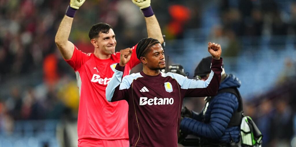 Aston Villa players celebrate after eliminating Lille
