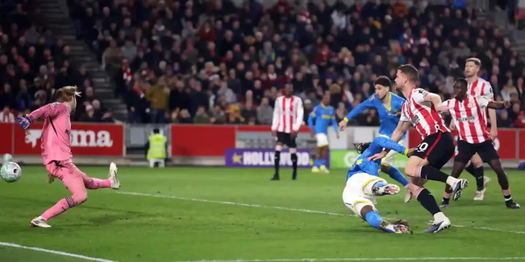 Brentford player scoring against Wolverhampton