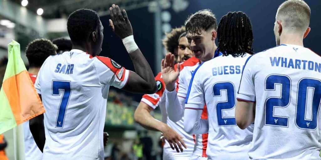 Crystal Palace players celebrate after scoring against AEK Larnaca