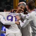 Fiorentina players celebrate after scoring against Cremonese