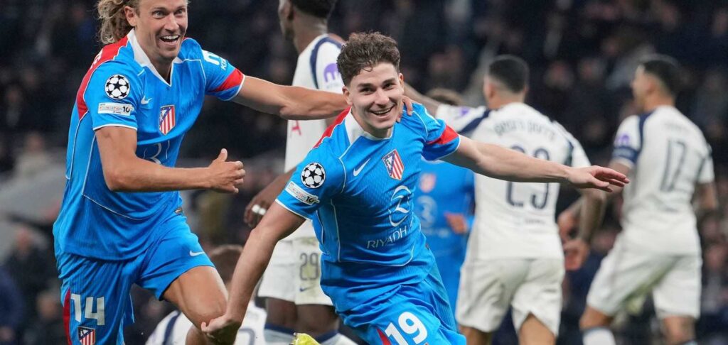 Julian Alvarez celebrates after scoring against Tottenham