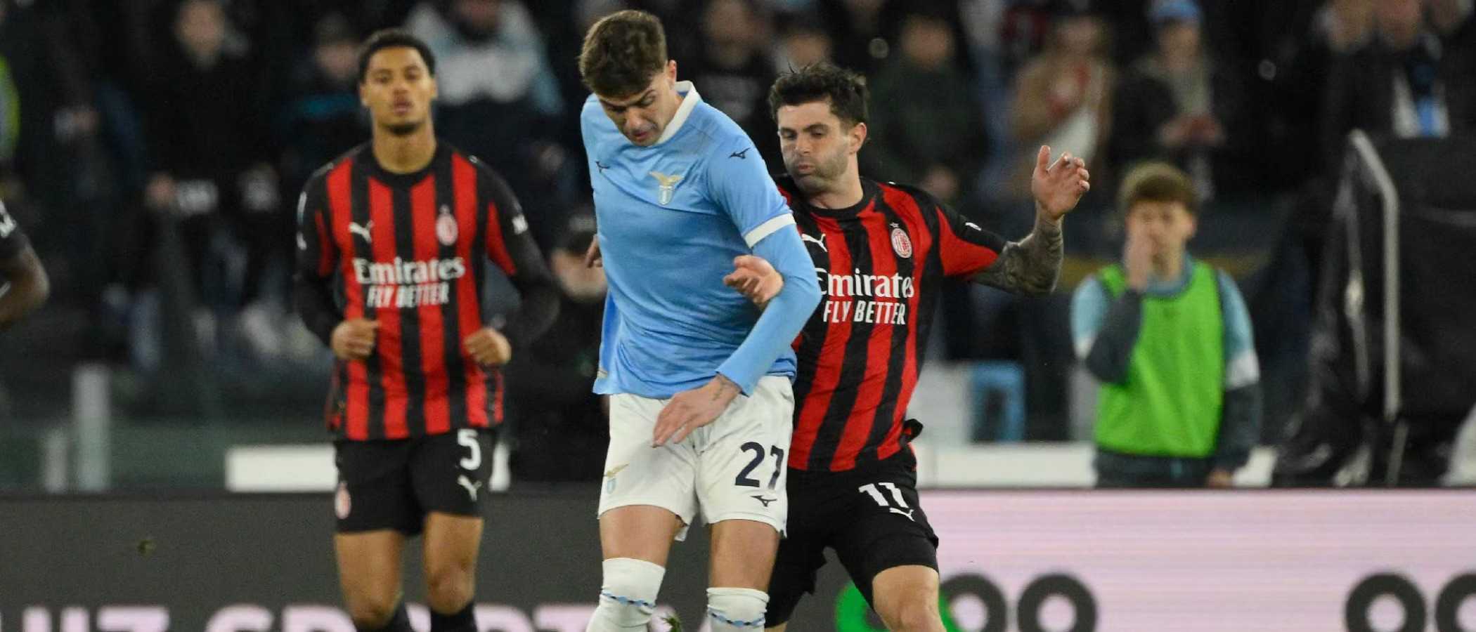 Lazio and Milan players battle for the ball