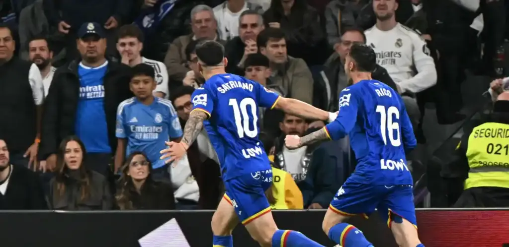 Getafe striker Martin Satriano celebrates after scoring a goal