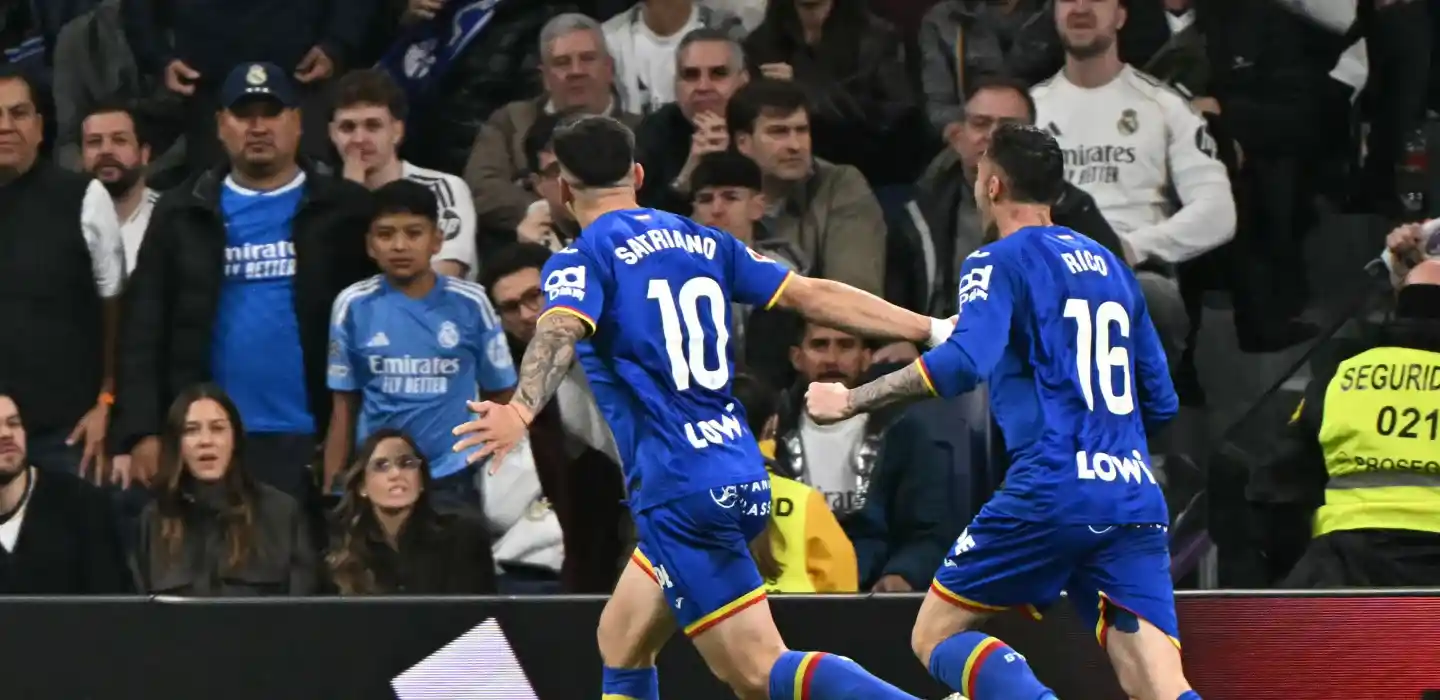 Getafe striker Martin Satriano celebrates after scoring a goal