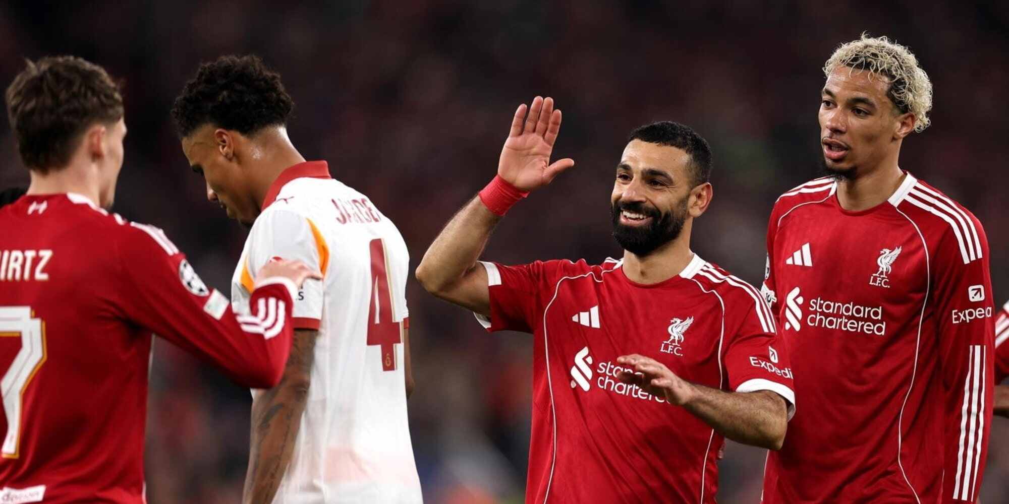 Mohamed Salah, Florian Wirtz and Hugo Ekitike celebrate Liverpool goal against Galatasaray
