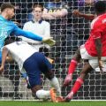 Nottingham Forest scoring the 3rd goal in Tottenham's net