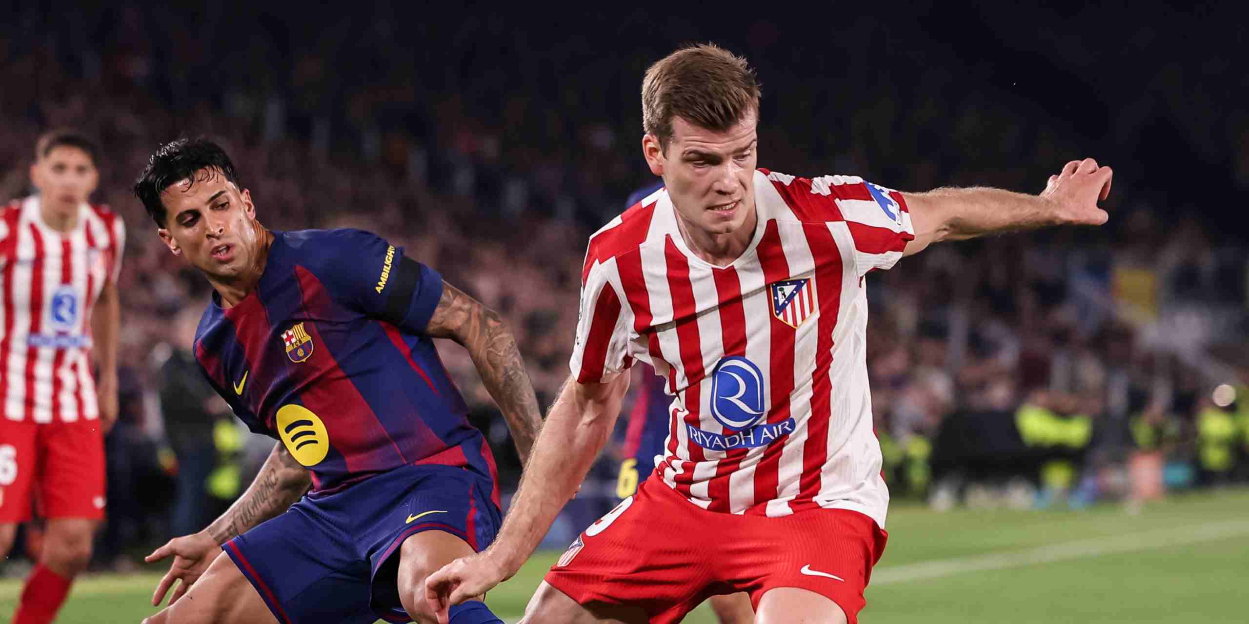 Alexander Sorloth in a battle for the ball with Barcelona player