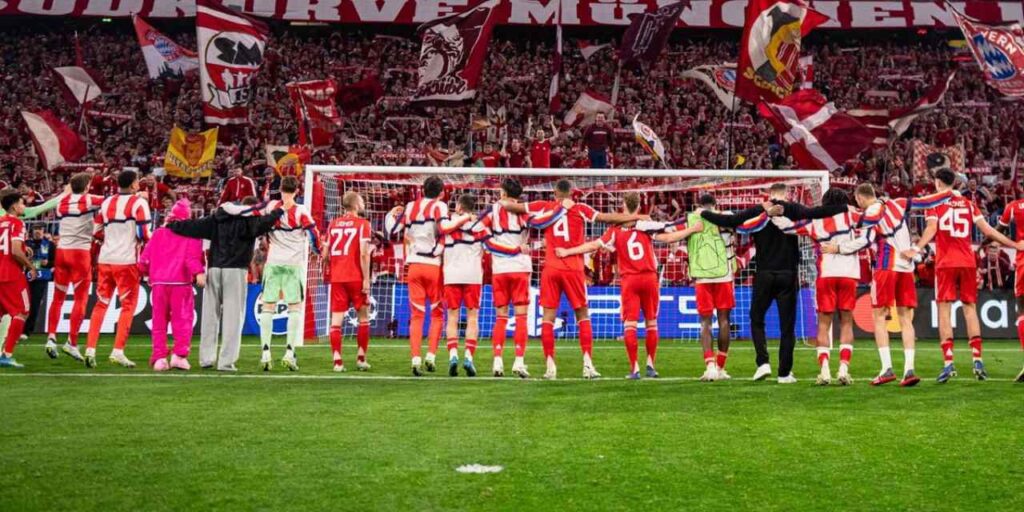 Bayern Munich players celebrate after winning the 2025/26 Bundesliga title
