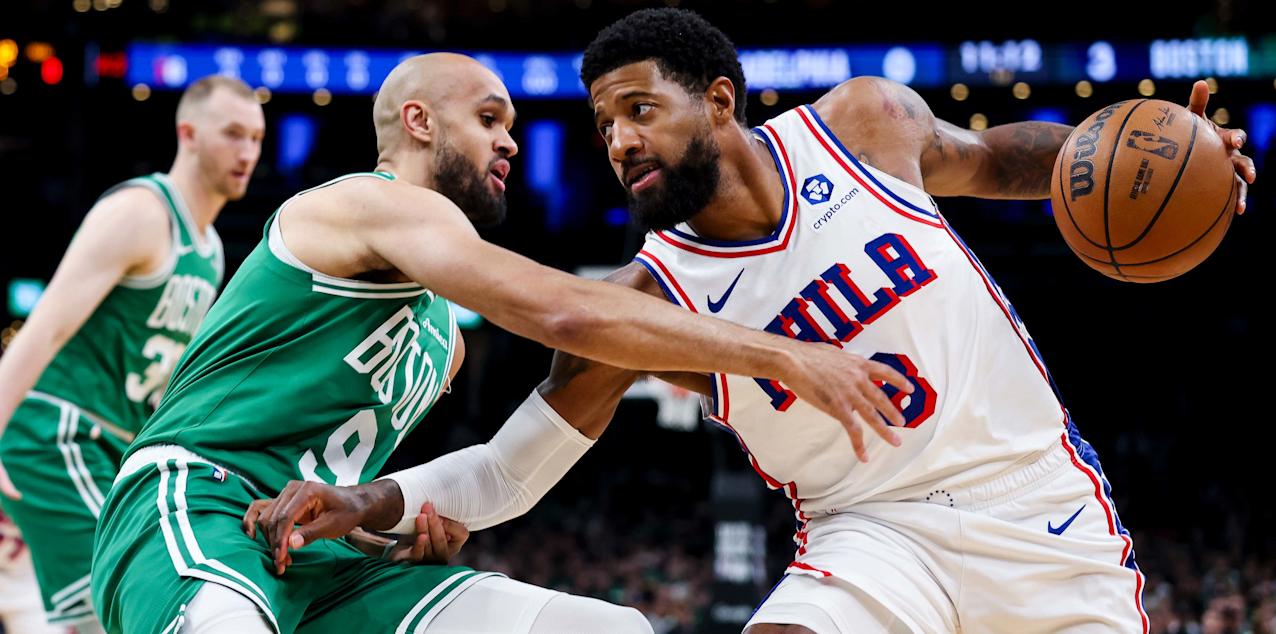 Derrick White guarding Paul George