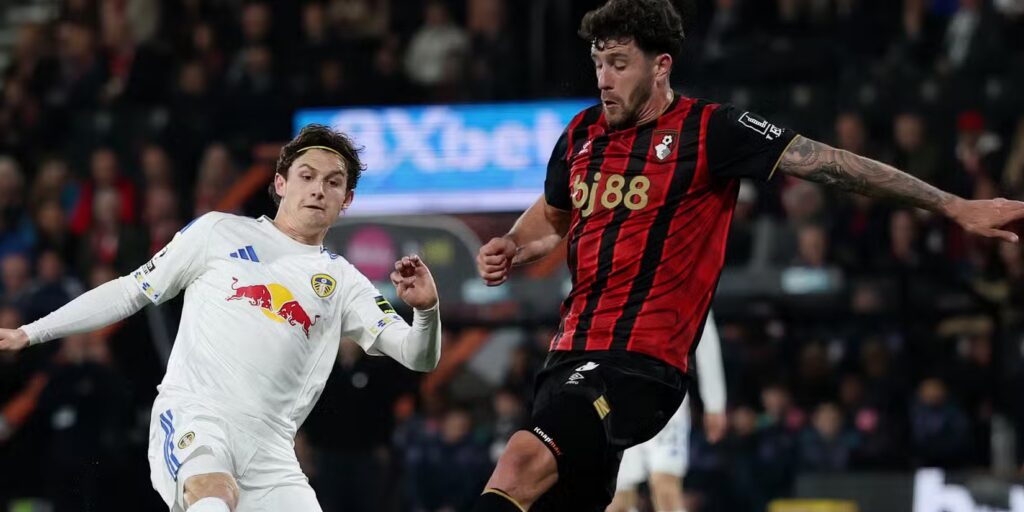 Bournemouth and Leeds players in a battle for the ball