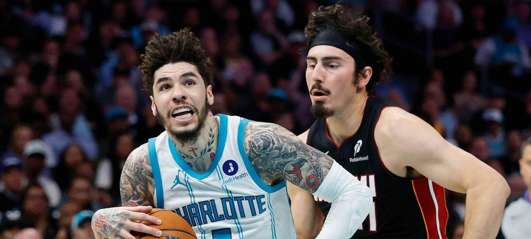 Jaime Jaquez Junior trying to stop LaMelo Ball