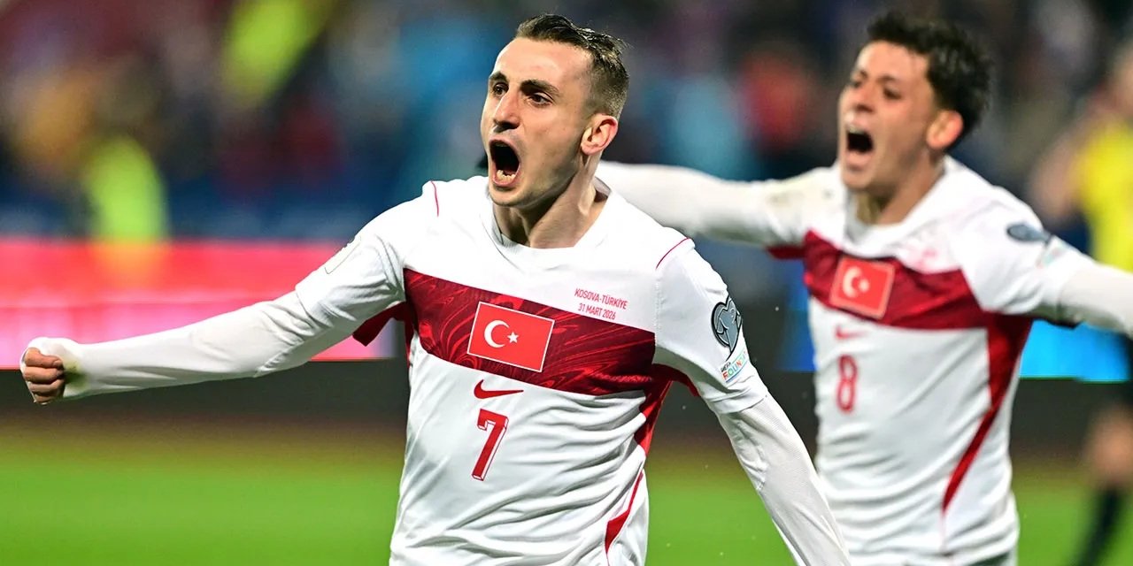 Kerem Aktürkoğlu and Arda Guler celebrate after Turkiye has scored against Kosovo