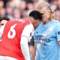 Arsenal defender Gabriel trying to headbutt Erling Haaland