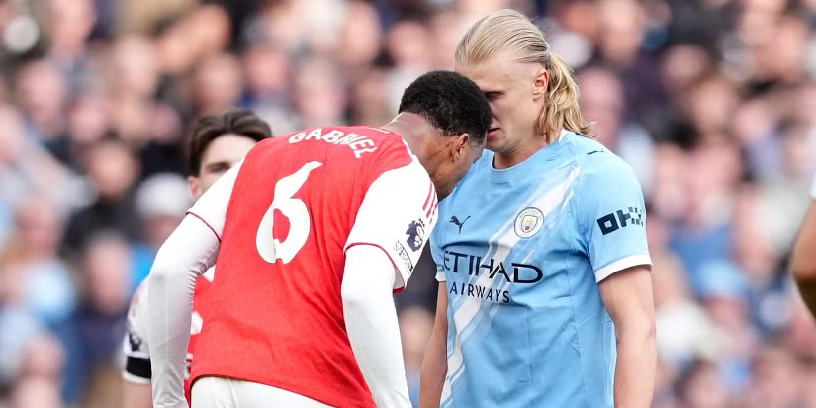 Arsenal defender Gabriel trying to headbutt Erling Haaland