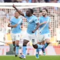 Manchester City players celebrate after equalising against Southampton in the FA Cup semi-final