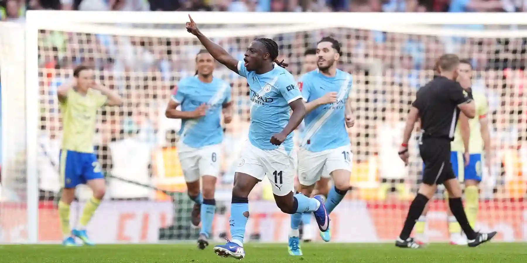 Manchester City players celebrate after equalising against Southampton in the FA Cup semi-final