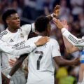 Real Madrid players congratulate Vinicius Jr after scoring against Alaves