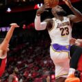 LeBron James attacking Houston Rockets' basket