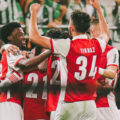 Braga players celebrate after scoring against Betis