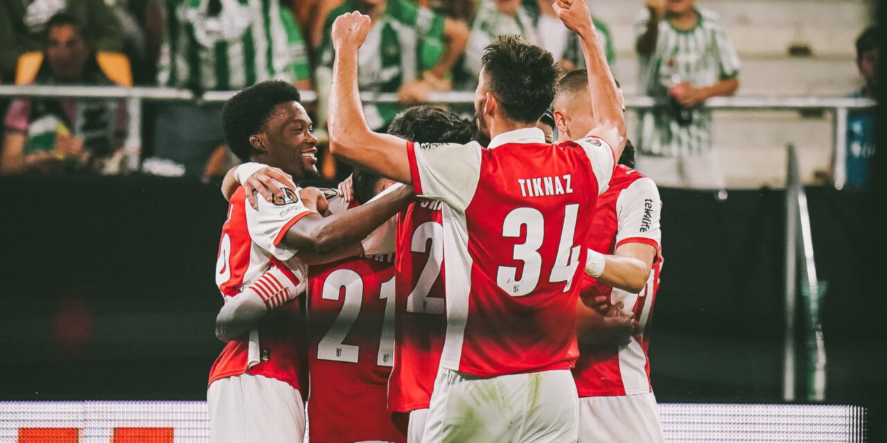 Braga players celebrate after scoring against Betis