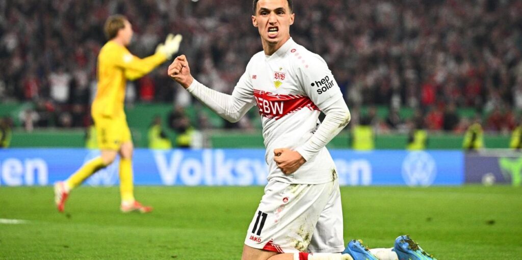 Bilal El Khannouss celebrates after Stuttgart have scored a goal