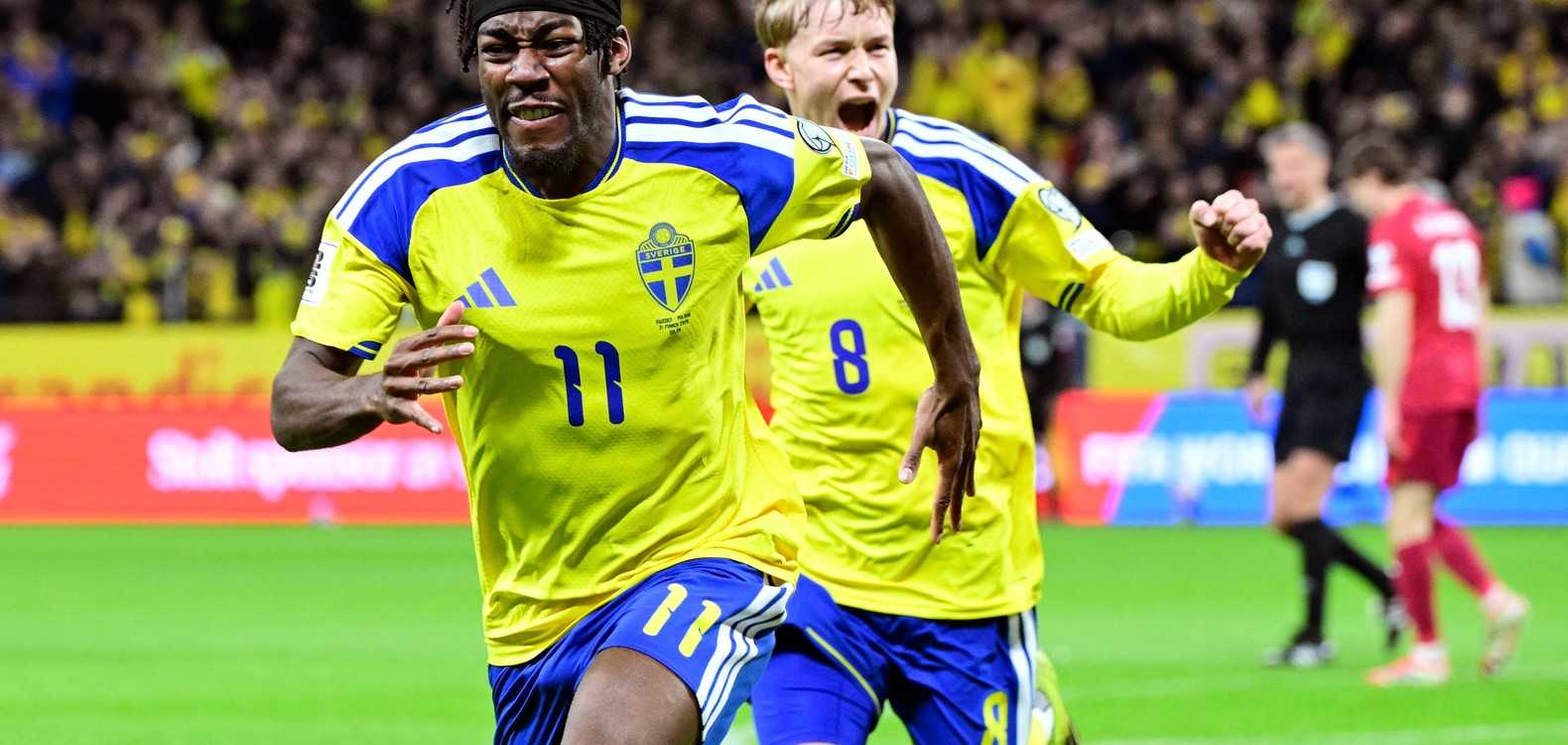 Antony Elanga celebrates after scoring against Poland