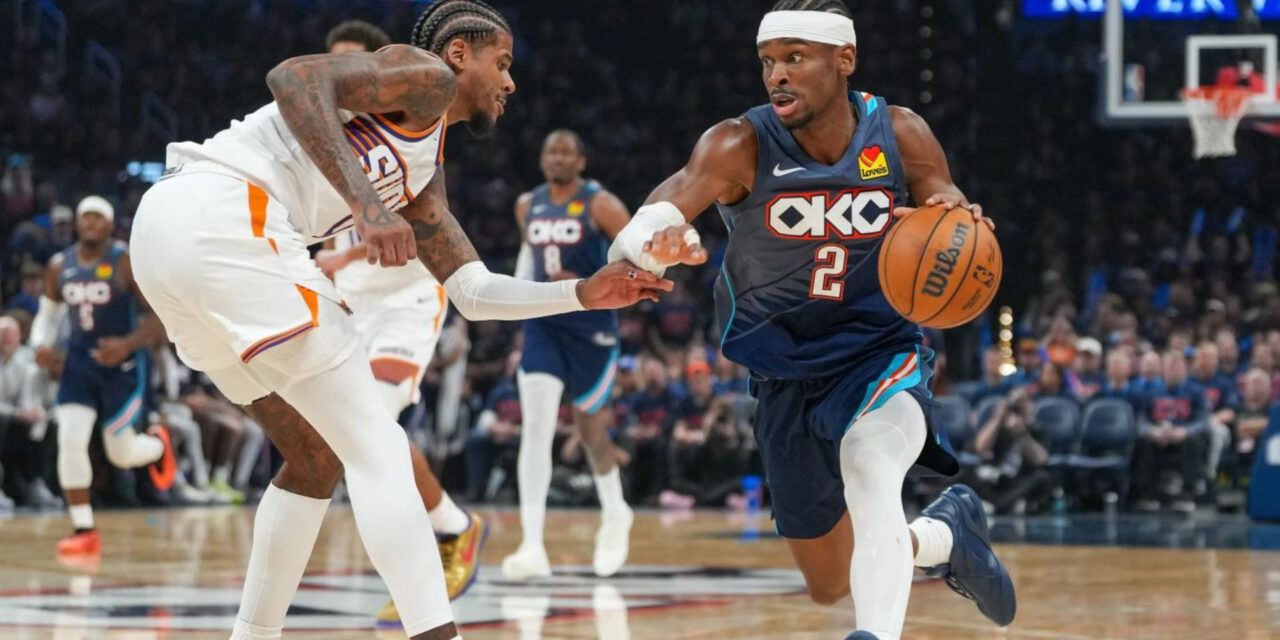 Shai Gilgeous-Alexander dribbling the ball, guarded by Jalen Green