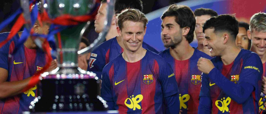 Barcelona players celebrate with La Liga title